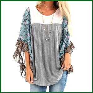 Floral Printed Batwing Top 3/4 Sleeve Loose Fit Waffle Knit Pullover Blouse